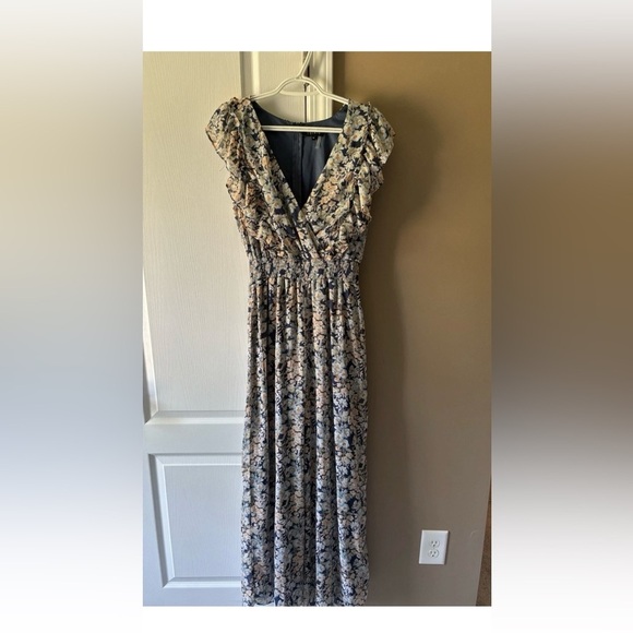 1. State Dresses & Skirts - 1. State Floral V-Neck Maxi Jumpsuit Navy and Peach.